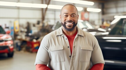 Obraz premium Joyful repairman poses confidently at the auto service center.