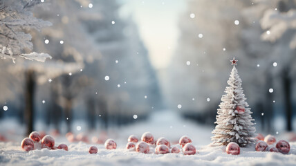 Christmas Winter Scene with Dreamy Bokeh and Snow