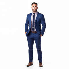 Fototapeta premium Young Businessman in business casual. Man, happy smiling. Full length portrait isolated on white.