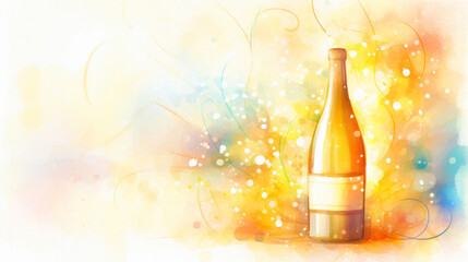 Watercolor champagne bottle on sparkling golden background for New Year greeting card