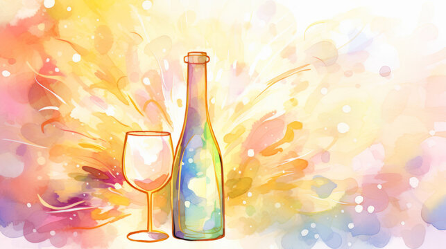 Watercolor champagne bottle and a glass on sparkling golden background for New Year greeting card