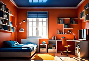 bed,Bright rays in a boy's room,Generative AI