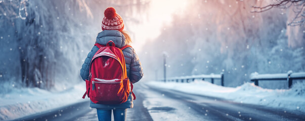 Girl with red backpack going alone along street in snowfall. - obrazy, fototapety, plakaty