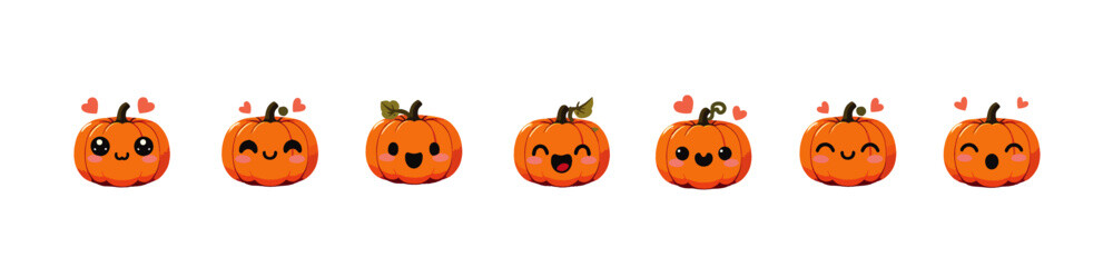 Vector cute halloween or thanksgiving pumpkin set. A bunch of happy Halloween pumpkins. Laughing faces; pumpkins are cute faces. Funny smiling pumpkins for Halloween or Thanksgiving celebration.