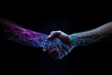 Obraz premium Intricate Handshake of Glowing Teck Lines and Dots, Symbolizing Connectivity and Innovation on a Cosmic Dark Background. Ai generated