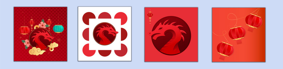 Chinese New Year 2024 modern art design set in red, gold and white colors for cover, card, poster, banner. Chinese zodiac Dragon symbol. Vector