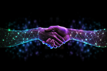 Intricate Handshake of Glowing Teck Lines and Dots, Symbolizing Connectivity and Innovation on a Cosmic Dark Background. Ai generated - obrazy, fototapety, plakaty