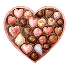 Watercolor Chocolate Box Heart Shape Clipart,Valentine day lover Food Gift,isolated on white and transparent background.