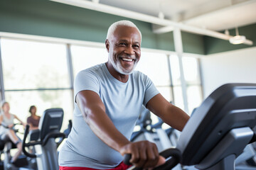 Mature fitness, elderly African American man in the gym, health exercise, active lifestyle