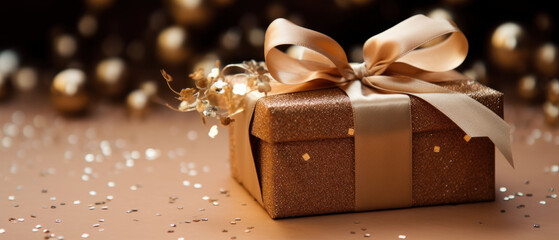 Captivating Christmas gift, golden hues, warm light ambiance.