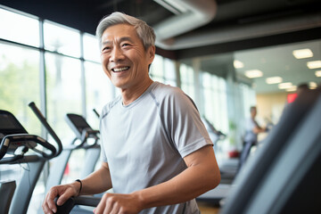 Fototapeta na wymiar Sporty elderly person, Asian man in the gym, fitness training, active lifestyle, mature health