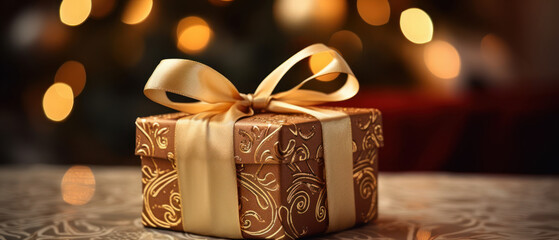 Captivating Christmas gift, golden hues, warm light ambiance.