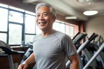 Fototapeta na wymiar Elderly Asian man in the gym, fitness stretching, healthy exercise