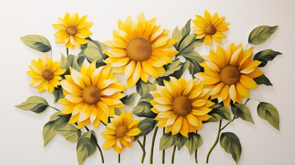 a cluster of sunflowers stands tall on a white surface, their golden blooms radiating warmth and positivity, creating a vibrant floral masterpiece.