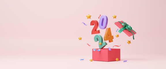2024 Happy New Year in gift box ribbon and Christmas decorations. Celebrate party 2024. Christmas Poster, banner, cover card, brochure, flyer, layout design. greeting card. copy space. 3d rendering