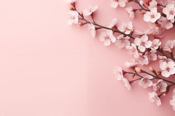 Blossom cherry branches on pastel pink background.