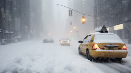 Yellow taxi downtown on unploughed uncleared from snow street with traffic lights, winter snowstorm 