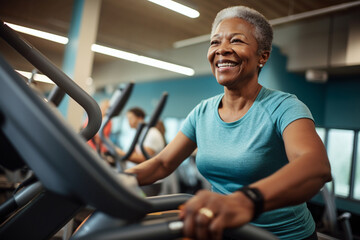 Elderly African American woman engaged in sports, gym fitness for seniors, healthy aging, active...