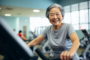 Senior woman at the gym, Asian fitness, exercise for mature individuals, wellness training