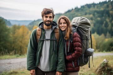 happy and romantic couple traveling together in nature