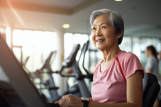 Mature woman exercising in the gym, Asian senior fitness, healthy aging, sporty lifestyle