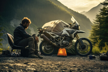adventure motorcyclist camping in wild