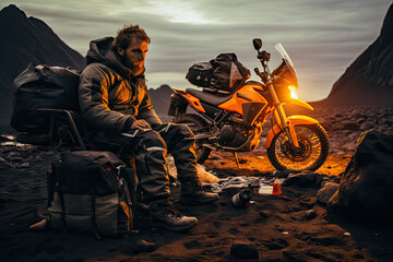 adventure motorcyclist camping in wild