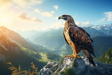 majestic bird of prey perching on mountain peak - obrazy, fototapety, plakaty