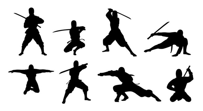 Set of Ninja silhouette, japanese ninja in black uniform on white background