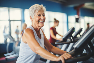 Fototapeta premium Senior woman in the gym, exercise for the elderly, stretching routine, fitness for mature individuals