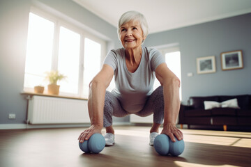 Older woman doing sports in her apartment, fitness training for a mature and active body