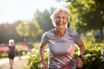 Mature lady running, senior fitness, jogging for a healthy body, active aging