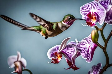 A hummingbird frozen in mid-flight, sipping nectar from a blooming orchid