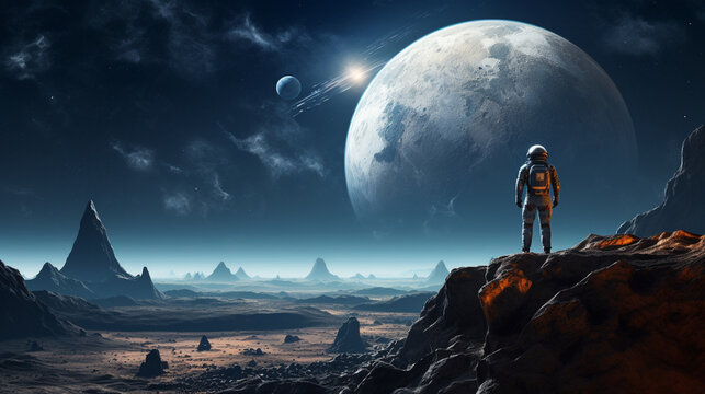 Amazed astronaut on a planet surface watches another planet. Astronaut navigating alien landscapes, embodying the spirit of space exploration. Ai generated