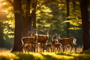 A family of deer grazing in a sun-dappled clearing 