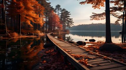 Tranquil Autumn Forest: Reflections on Water and a Wooden Pier in the Scenic Landscape