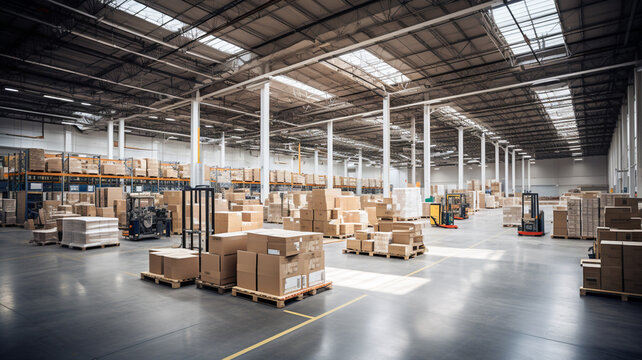Interior of a modern warehouse. Distribution center, retail warehouse. Rows of shelves with boxes in modern warehouse.
