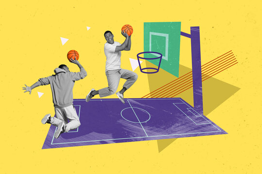 Collage image of two black white effect guys jumping throw ball basket drawing court isolated on yellow background