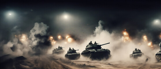 column of military tanks stands at night. military action concept