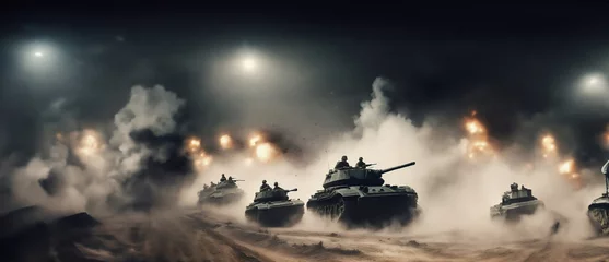 Fotobehang column of military tanks stands at night. military action concept © velimir