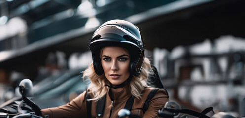 beautiful blonde girl in a motorcycle helmet on a motorcycle