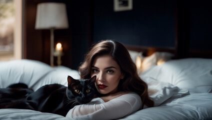 Obraz premium beautiful woman lies in bed with cat and relaxes