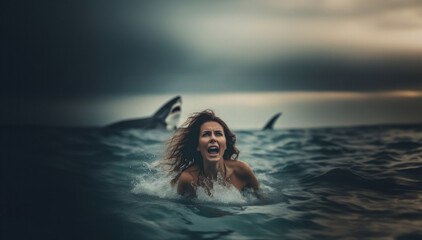 woman in the water screams and cries drowning, danger - obrazy, fototapety, plakaty