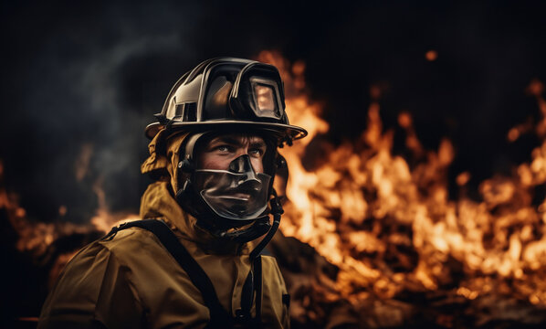 firefighter in a protective mask on duty against the background of a blazing fire