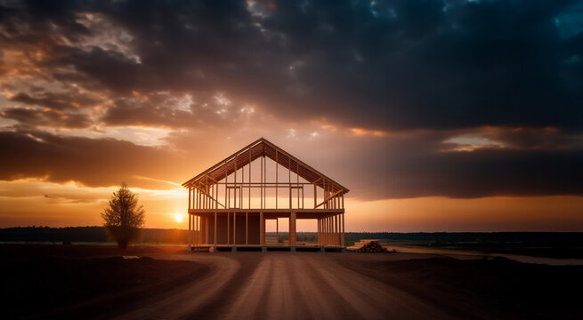 construction of a wooden frame house with a beautiful landscape at sunset