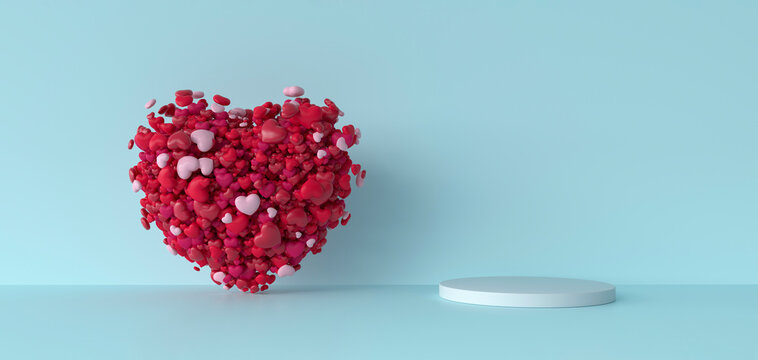 Heart shaped balloon next to podium against blue background