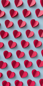 Seamless pattern of paper hearts on blue background