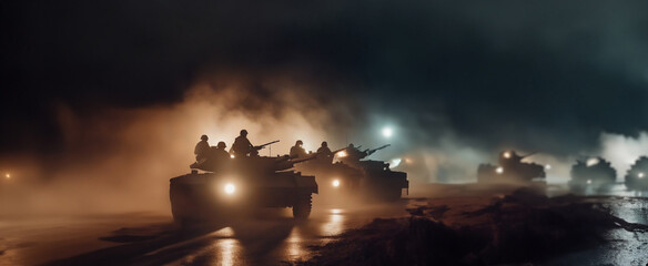 column of military tanks stands at night. military action concept