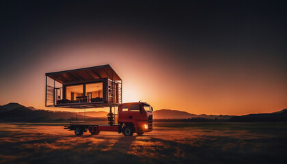 transportation of a frame modular house by truck, delivery of the house frame