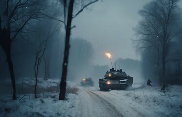 war in winter, tanks are driving with the military along a winter snowy road.